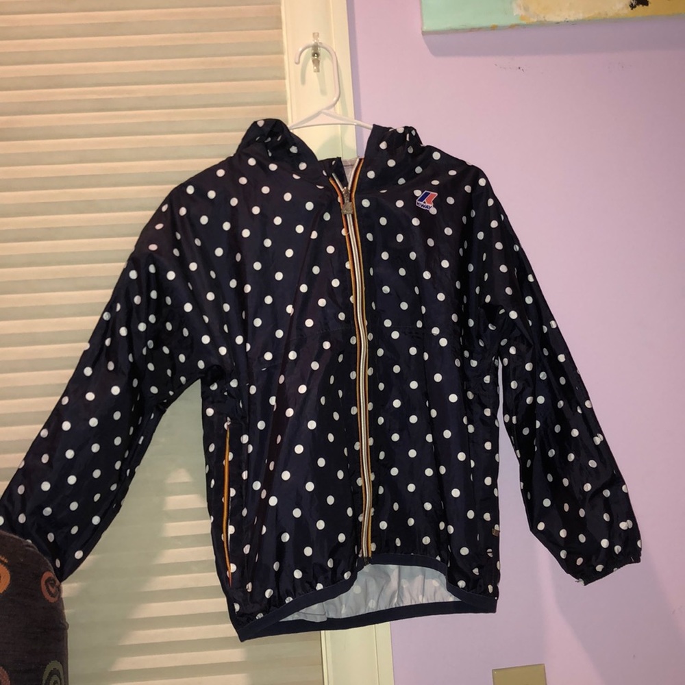 navy blue polka dot rain coat